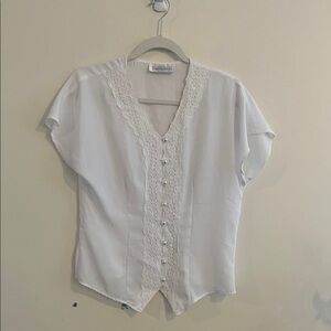 Vintage Impressions White Lace Top Button Down Pearl 90s Feminine Angel S